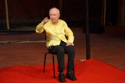 In this file photo taken on August 31, 2015 British theatre director Peter Brook gestures at the Bouffes du Nord theatre in Paris. 