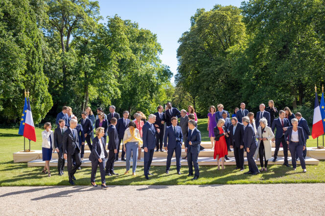 The new French government gathers in the gardens of the Elysée Palace for its official picture after holding its first Council of Ministers, on July 4, 2022.