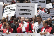 Judges gather on the steps of the Palace of Justice during a protest against Tunisian President Kais Saied in Tunis, Tunisia, on June 23, 2022.