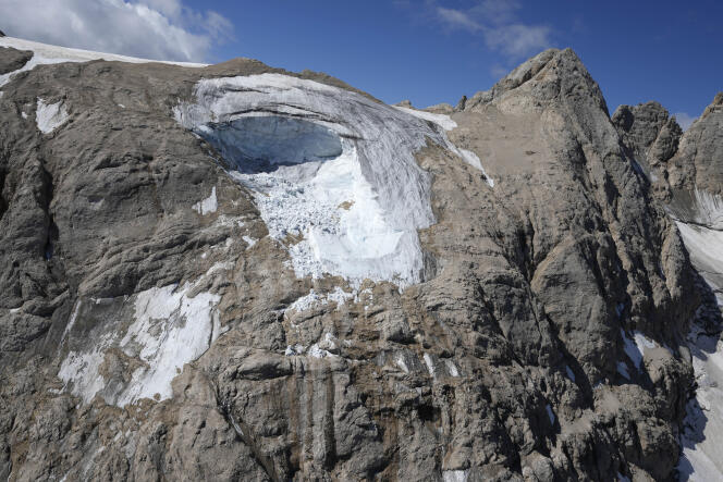 View taken from a rescue helicopter in the Italian Alps on July 5, 2022, two days after a piece of a glacier broke off the rock.