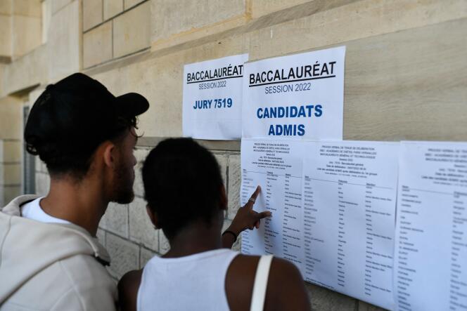 Des étudiants découvrent le résultat des épreuves du baccalauréat 2022 au lycée Voltaire, à Paris, le 5 juillet 2022.