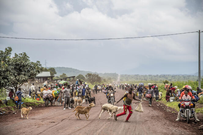 Des gens marchent sur la route près de Kibumba, au nord de Goma, en République démocratique du Congo, pour fuir les combats entre les forces congolaises et les rebelles du M23 au Nord-Kivu, le 24 mai 2022.