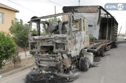 A view shows a truck which was burnt during protests in Nukus, capital of the northwestern Karakalpakstan region, Uzbekistan July 3, 2022. KUN.UZ/Handout via REUTERS ATTENTION EDITORS - THIS IMAGE HAS BEEN SUPPLIED BY A THIRD PARTY. NO RESALES. NO ARCHIVES