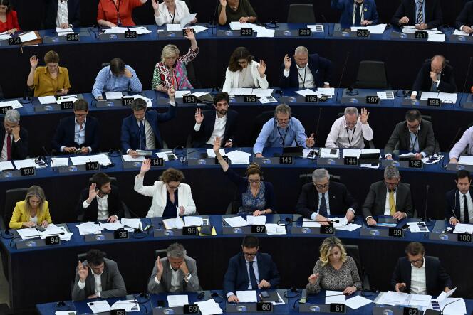 Members of the European Parliament take part in a voting session on the granting of a green label to gas and nuclear investments decided by the European Commission, in Strasbourg, France, on July 6, 2022.