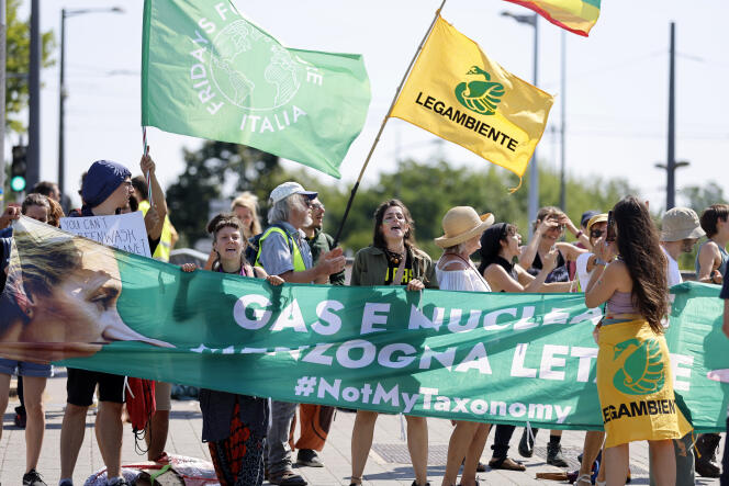 Italian climate activists demonstrate outside the European Parliament on Wednesday, July 6, 2022, in Strasbourg, France.