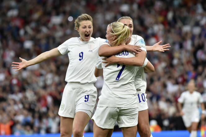 Beth Mead celebrates her goal against Austria on July 6 with Ellen White and Georgia Stanway.