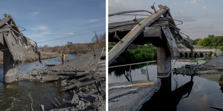 Le pont d’Irpin, en Ukraine, le 11 mars 2022 (à gauche) et le 5 juillet 2022 (à droite).