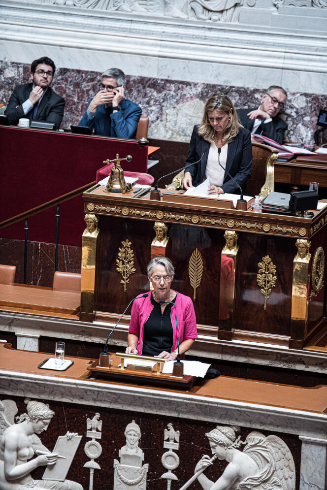 La première ministre, Elisabeth Borne, lors de sa déclaration de politique générale, à l’Assemblee nationale, à Paris, le 6 juillet 2022.