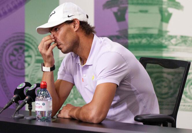 Spain's Rafael Nadal holds a press conference on the 11th day of the 2022 Wimbledon Championships at The All England Tennis Club in Wimbledon, southwest London, on July 7, 2022. 