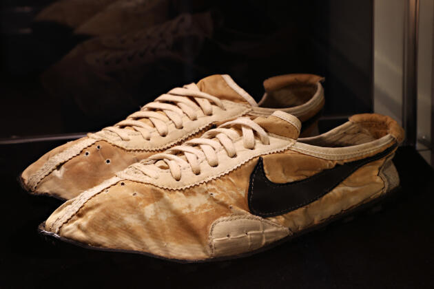 Nike Waffle Racing Flats, or "Moon Shoes," on display during a press preview of The Olympic Collection at Sotheby's on July 21, 2021, in New York City.