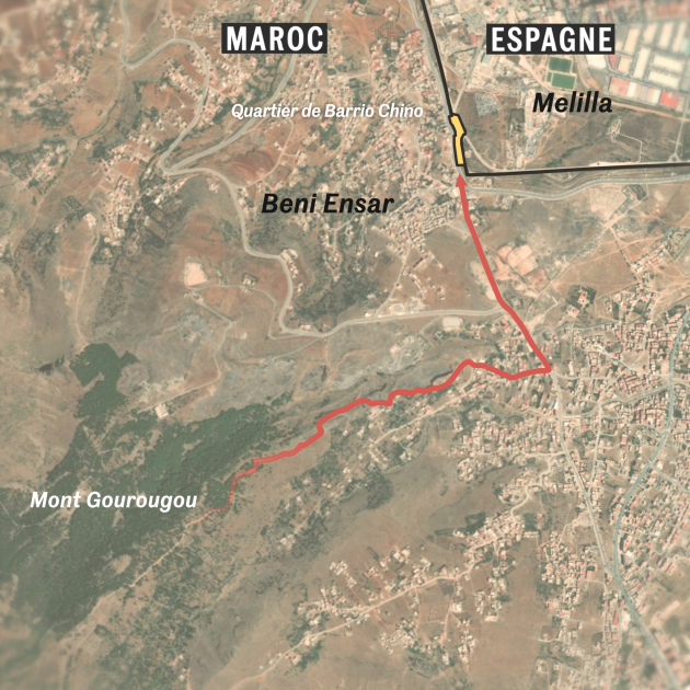 En rouge, le parcours de la colonne de migrants vers le poste-frontière de Barrio Chino, indiqué en jaune. © Le Monde