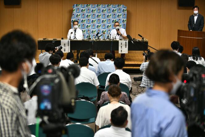 Kimihiko Kichikawa (centre L), the head of the university hospital, and Hidetada Fukushima (centre R), professor of emergency medicine, from the Nara Medical University Hospital, hold a press conference in Kashihara, after former Japanese prime minister Shinzo Abe was taken after being shot earlier in the day in Nara on July 8, 2022.