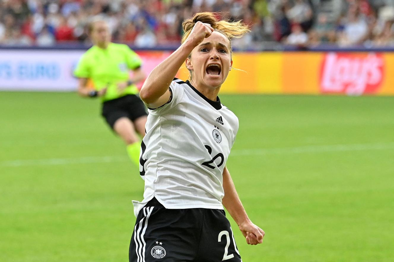 Midfielder Lina Magul celebrates her goal against Denmark in the first match of the evening, which they won (4-0) on Friday, July 8.