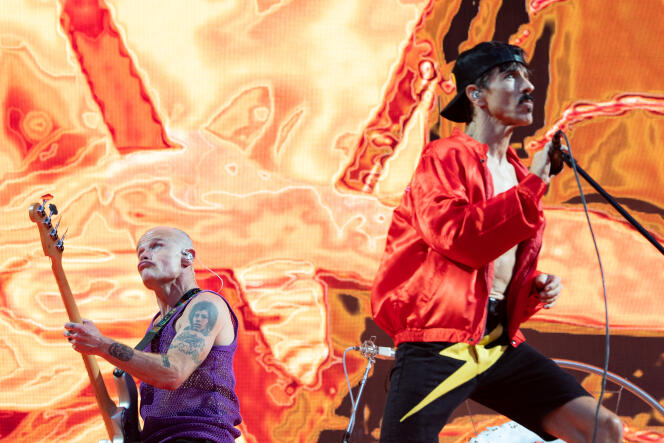 Flea and Anthony Kiedis, founding members of the Red Hot Chili Peppers, in concert at the Stade de France in Saint-Denis (Seine-Saint-Denis department, northeastern Paris), on July 8, 2022.