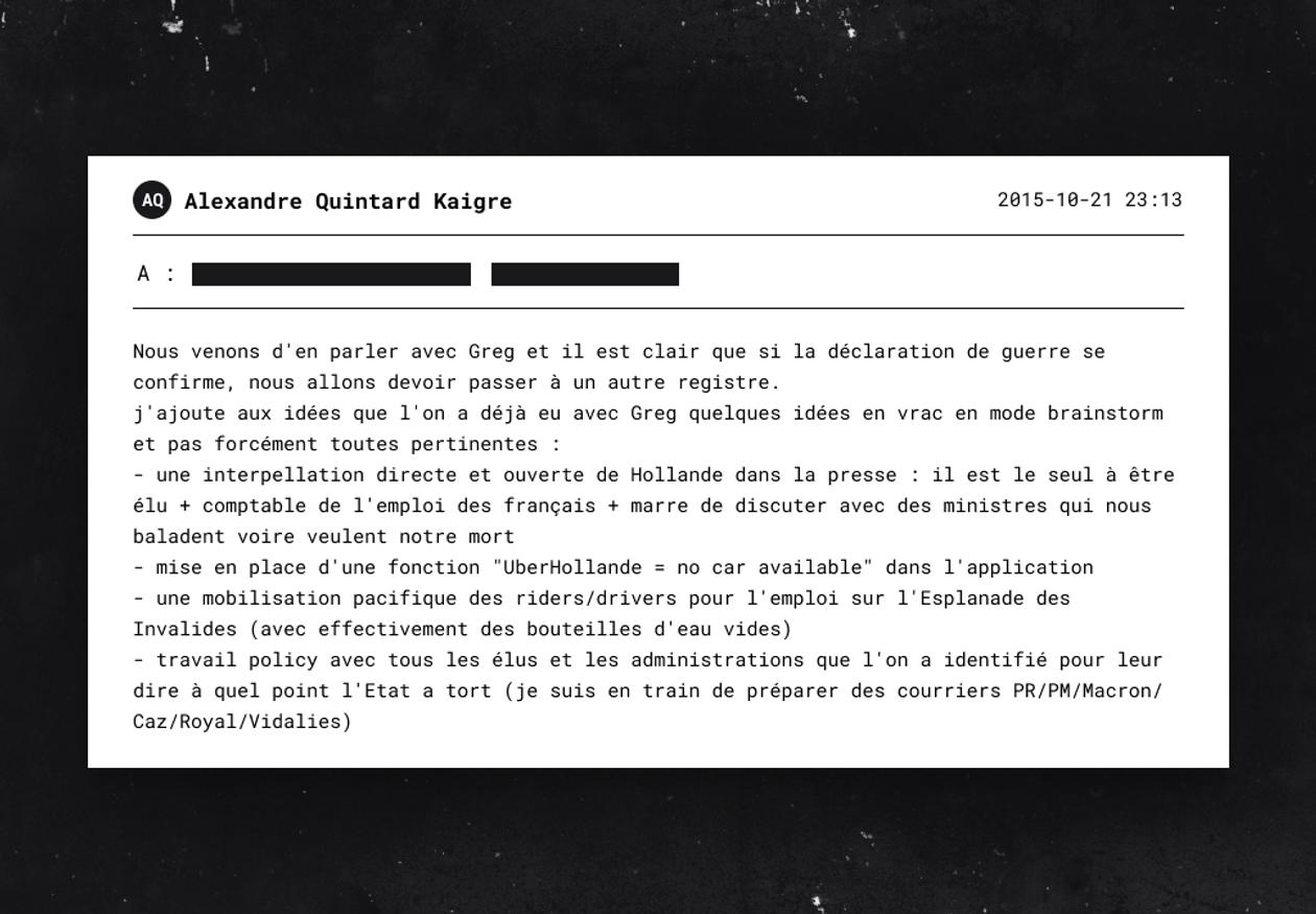 Extrait d’un courriel envoyé par Alexandre Quintard Kaigre, lobbyiste d’Uber en France, en octobre 2015.