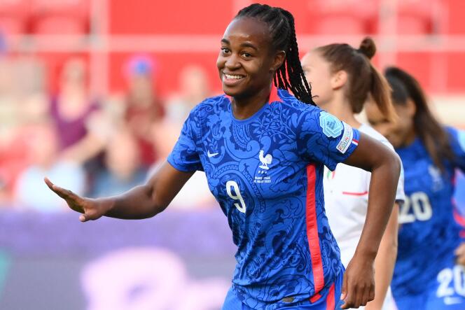 Marie-Antoinette Katoto on July 10, 2022, during the first match of the French team at Women's Euro 2022, against Italy (5-1), during which she scored a goal.