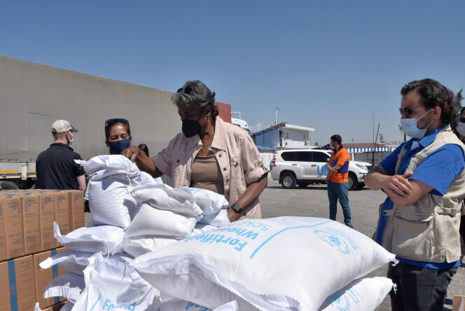 Sur cette photo fournie par l’ambassade des Etats-Unis en Turquie, Linda Thomas-Greenfield, ambassadrice des Etats-Unis auprès des Nations unies, examine du matériel d’aide au poste frontière de Bab Al-Hawa entre la Turquie et la Syrie, le 3 juin 2021. L’ONU a décidé, mardi 12 juillet 2022, de prolonger de six mois le passage transfrontalier de l’aide humanitaire en Syrie.