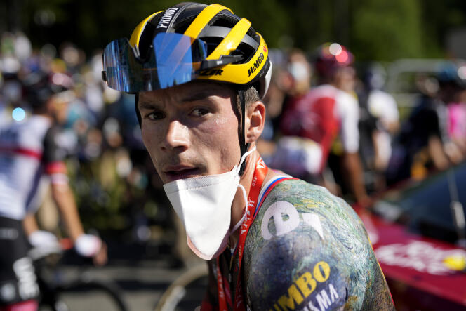 Primoz Roglic at the finish of the 10th stage of the Tour de France 2022, in Megève, on July 12, 2022.