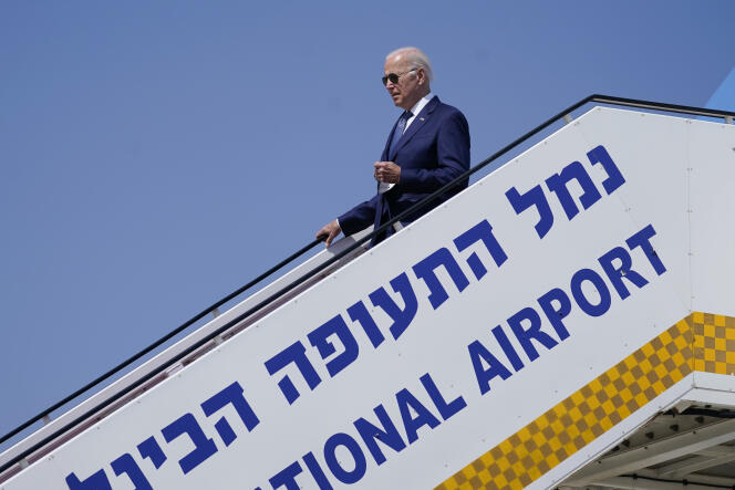 President Joe Biden walks off of Air Force One as he arrives at Ben Gurion Airport, Wednesday, July 13, 2022, in Tel Aviv. (AP Photo/Evan Vucci)