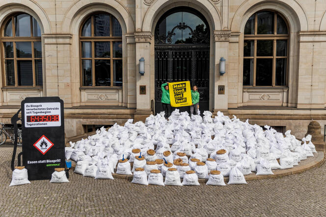 A protest by the environmentalist organization Greenpeace against the use of food for agrofuels, in front of the federal ministry of transport and digital infrastructure in Berlin, June 1, 2022. 