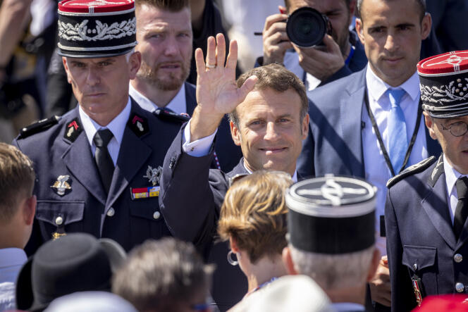 President Emmanuel Macron at the end of the July 14 parade on the Champs-Elysées in Paris, Thursday, July 14, 2022