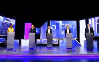 From left, Kemi Badenoch, Penny Mordaunt, Rishi Sunak, Liz Truss and Tom Tugendhat before the live television debate for the candidates for leadership of the Conservative party, hosted by Channel 4 in London, Friday, July 15, 2022. (Victoria Jones/PA via AP)