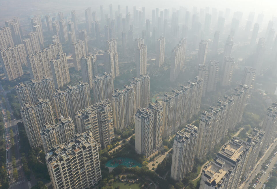 China, Zhenjiang - October 31, 2021Real Estate DevelopmentAn aerial view of a residential high-rises in the haze in Zhenjiang city in east China's Jiangsu province Sunday, Oct. 31, 2021.