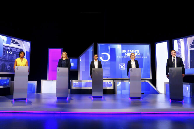 Kemi Badenoch, Penny Mordaunt, Rishi Sunak, Liz Truss and Tom Tugendhat before the first debate, July 15, 2022.