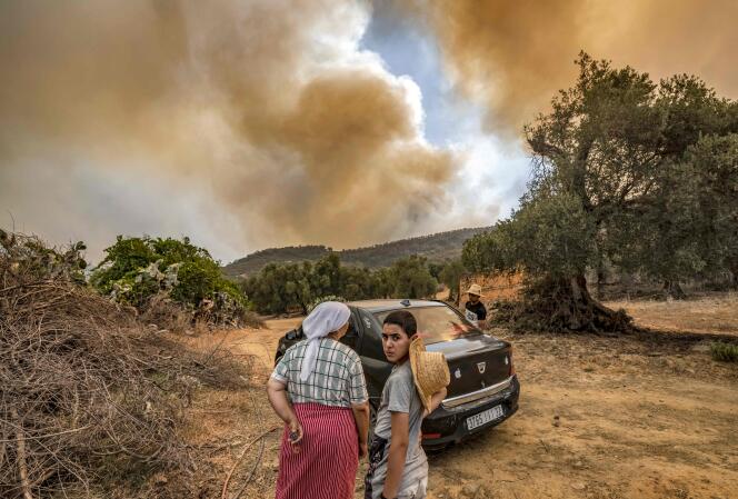 Evacuated people look on as they stand next to a vehicle while a wild forest fire rages in Morocco's northern region of Ksar Sghir on July 14, 2022. 