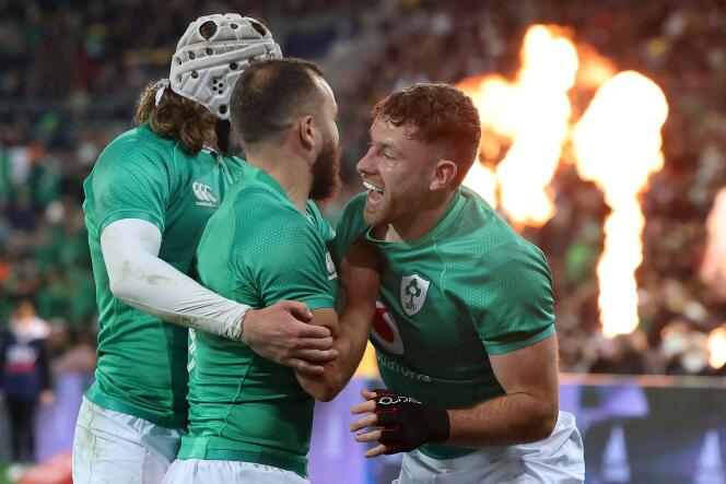 Irish players Hugh Keenan, Mack Hansen and Jamison Gibson are playing in a clash against New Zealand as they celebrated on Saturday 16 July 2022 in Wellington.