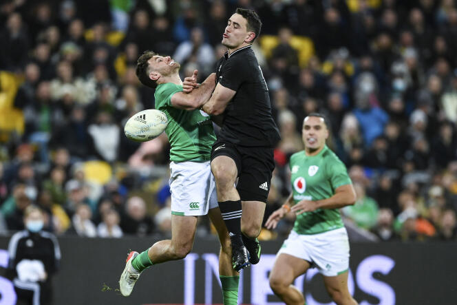 New Zealand's Will Jordan in a meeting between the two selections in Wellington on Saturday 16 July 2022 hits the Irish player.
