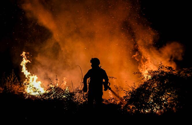 Seorang petugas pemadam kebakaran memadamkan api di hutan dekat kota Eiriz, Portugal, 15 Juli 2022. 