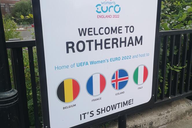 A sign near the train station in Rotherham, one of the host cities of the Women's Euro 2022