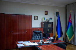 Le bureau de l'ancien préfet pro-russe Yevgeny Kabatov qui a disparu et quitté ses fonctions au début de la guerre. À Fastiv le 7 juillet 2022.