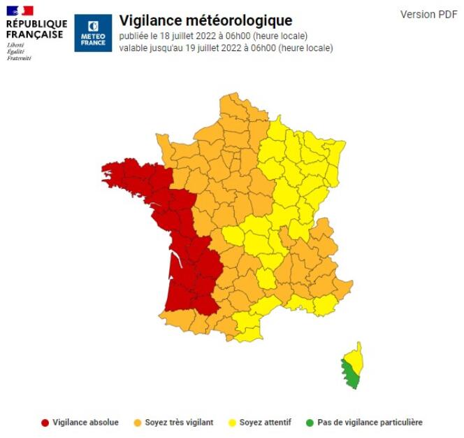 Mapa de vigilancia de olas de calor de Météo France, publicado el lunes 18 de julio a las 6 a.m.