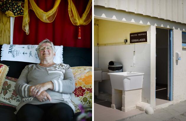 A gauche, le mobil-home loué toute l’année par Monique Leblanc. A droite, le bac de lavage pour les coquillages. Au camping de Quiberville (Seine-Maritime), le 26 avril 2022.
