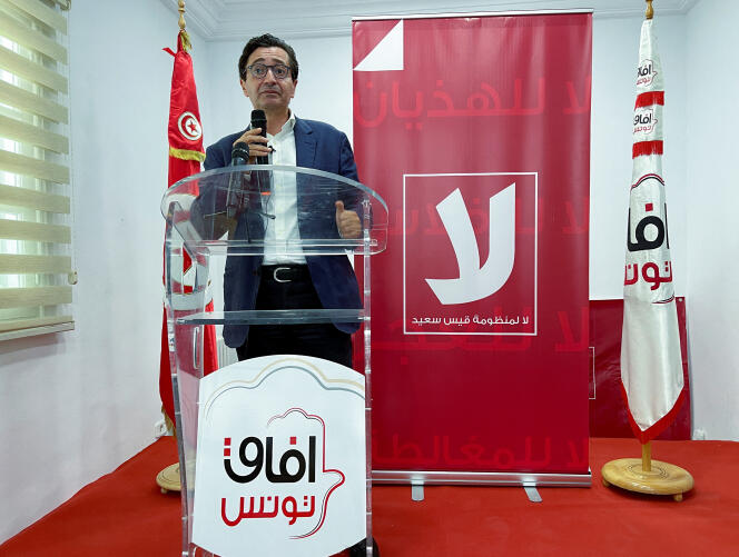 Fadhel Abdelkefi, le leader d’Afek Tounès, à Tunis, le 12 juillet 2022. Son parti appelle à voter non, lors du référendum constitutionnel du 25 juillet.
