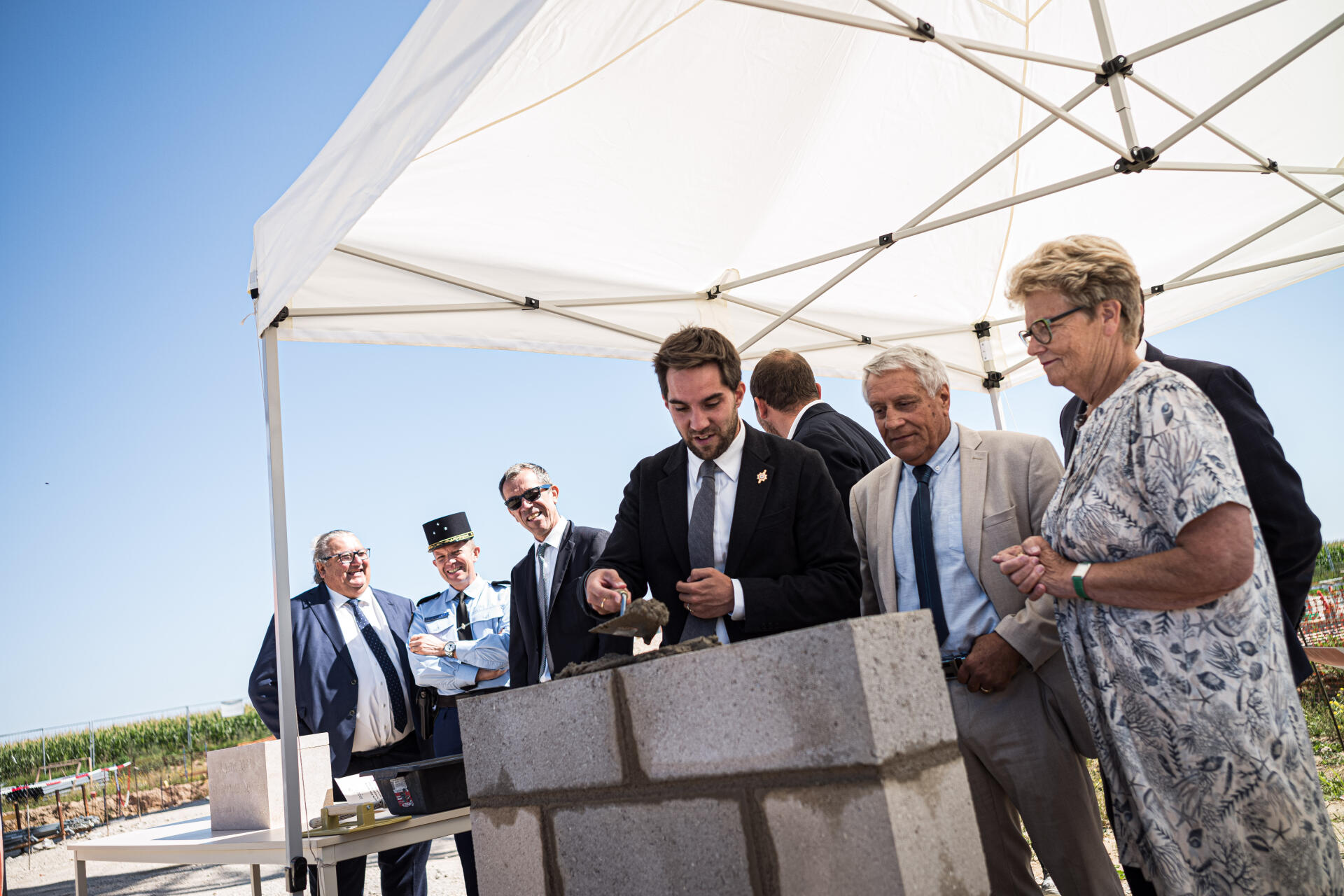 Deputy (RN) Thomas Ménagé, during the laying of the first stone of a gendarmerie barracks, in Châtillon-Coligny (Loiret), July 8, 2022.