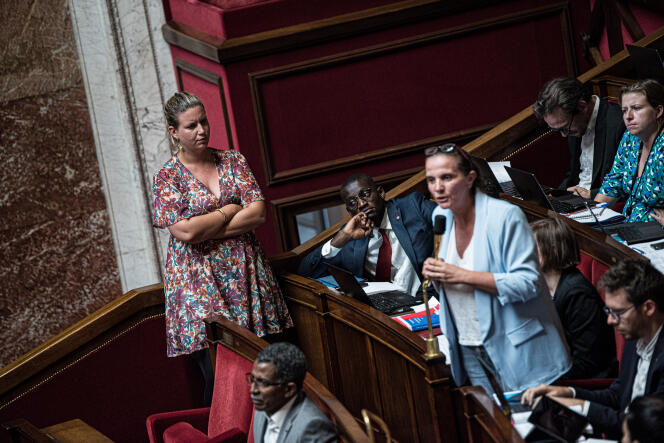 La présidente du groupe LFI, Mathilde Panot (à gauche), et Caroline FIat, députée LFI, lors de la discussion du projet de loi sur le pouvoir d’achat, à l’Assemblée nationale, le 18 juillet 2022. 