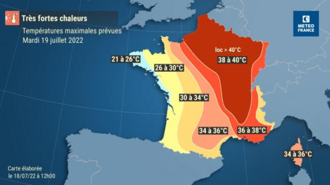 Pronóstico de temperatura Météo-France para martes 19 julio 2022.