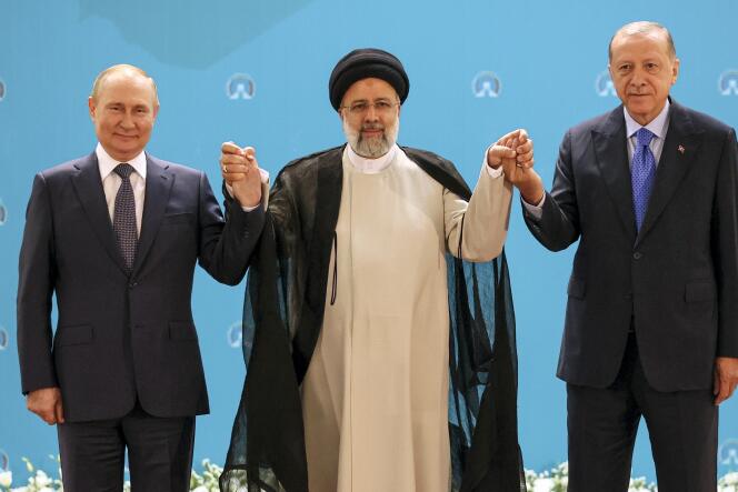 Russian President Vladimir Putin, Iranian President Ebrahim Raissi and Turkish President Recep Tayyip Erdogan at the Saadabad Palace in Tehran on July 19, 2022.
