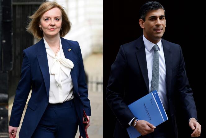 British Foreign Secretary Liz Truss on April 19, 2022 in London and former Chancellor of the Exchequer Rishi Sunak on March 23, 2022 in London.