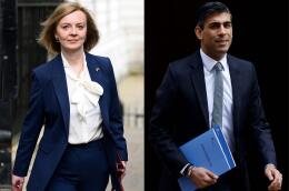 (COMBO) This combination of pictures created on July 12, 2022 shows Britain's Foreign Secretary Liz Truss (L) arriving to attend the weekly Cabinet meeting at 10 Downing Street, in London, on April 19, 2022 and Britain's Chancellor of the Exchequer Rishi Sunak leaving the 11 Downing Street, in London, on March 23, 2022. Foreign Secretary Liz Truss and Former Finance minister Rishi Sunak are the final two candidates for the Tory party leadership run-off following a vote on July 20, 2022. (Photo by AFP)