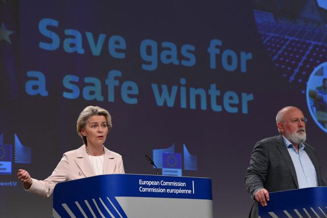 La présidente de la Commission européenne, Ursula von der Leyen, appelle à la sobriété énergétique en Europe lors d’une conférence de presse, à Bruxelles, le 20 juillet 2022. 