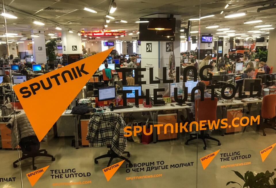A view taken on April 27, 2018 shows the main newsroom of Sputnik news, part of the state run media group Russia Today, in Moscow. (Photo by Mladen ANTONOV / AFP)