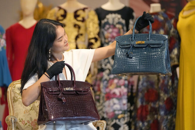 Hermès bags during a presentation at Bonhams auction house in London on July 21, 2022.