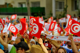 Supporters of the Abir Moussi of Free Constitutional Part demonstrates against the referendum in front of the headquarters of the High Elections Authority (ISIE), at lac 2 in Tunis, Tunisia on July 07,2022. (Photo by Yassine Mahjoub/NurPhoto) (Photo by Yassine Mahjoub / NurPhoto / NurPhoto via AFP)
