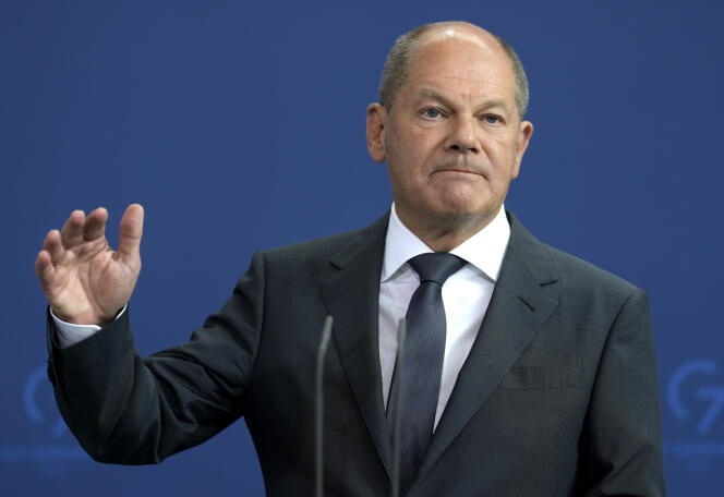 German Chancellor Olaf Scholz during a press conference in Berlin, Friday, July 22, 2022. 
