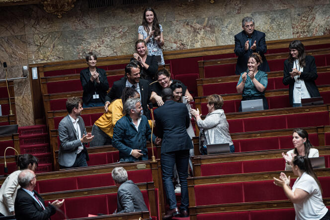 Discussion, in the National Assembly, of the bill relating to emergency measures for the protection of purchasing power.  The deputies of La France insoumise congratulate Sophia Chikirou after the adoption of her amendment on July 21, 2022.