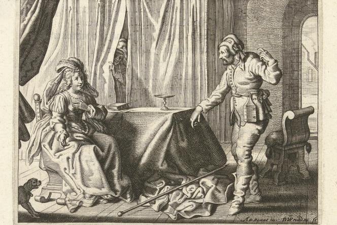 Hipparchia e casse, incisione di Daniël van den Bremden (XVII secolo).